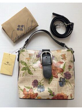 NWT Patricia Nash Irving Bucket Cross Body Parisian Newspaper Floral Bag